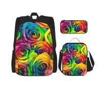 MDATT Mochila de rosas coloridas con fiambrera, mochila de anime, mochila escolar, mochila para tres personas, Black, Talla única, Juego de mochila escolar