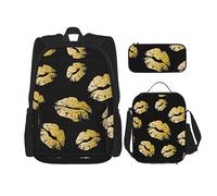 MDATT Mochila dorada brillante para niñas, mochilas escolares con lonchera y estuche 3 en 1, juego de bolsas escolares, Labios dorados, Talla única