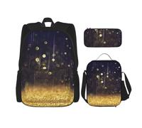 MDATT Mochila dorada con diseño de estrellas brillantes con fiambrera, mochila de anime, mochila escolar para tres personas, Black, Talla única, Juego de mochila escolar