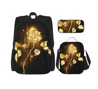 MDATT Mochila dorada con fiambrera, mochila de anime, mochila escolar, mochila para libros, juego de mochila para tres personas, Black, Talla única, Juego de mochila escolar