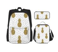 MDATT Mochila dorada con purpurina y piñas, con fiambrera, mochila de anime, mochila escolar, mochila para tres personas, Black, Talla única, Juego de mochila escolar