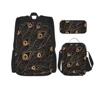 MDATT Mochila dorada de plumas de pavo real con fiambrera, mochila de anime, mochila escolar, mochila para libros, juego de mochila para tres personas, Black, Talla única, Juego de mochila escolar