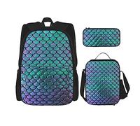 MDATT Mochila escolar de matemáticas para niñas, con lonchera y estuche 3 en 1, juego de bolsas escolares, Pez Sirena Verde azulado, Talla única
