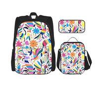 MDATT Mochila escolar de matemáticas para niñas, con lonchera y estuche 3 en 1, juego de bolsas escolares, Animales otomíes mexicanos, Talla única