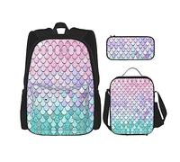 MDATT Mochila escolar de matemáticas para niñas, con lonchera y estuche 3 en 1, juego de bolsas escolares, Sirena Rosa Púrpura, Talla única