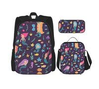 MDATT Mochila escolar de matemáticas para niñas, con lonchera y estuche 3 en 1, juego de bolsas escolares, Sirena en el océano, Talla única