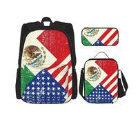 MDATT Mochila escolar de matemáticas para niñas, con lonchera y estuche 3 en 1, juego de bolsas escolares, Bandera mexicana americana, Talla única