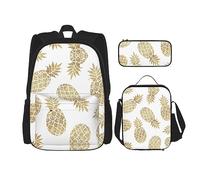 MDATT Mochila escolar de matemáticas para niñas, mochilas escolares con lonchera y estuche 3 en 1, juego de bolsas escolares, Fondo de piña dorada, Talla única