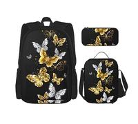 MDATT Mochila escolar de matemáticas para niñas, mochilas escolares con lonchera y estuche 3 en 1, juego de bolsas escolares, Oro Blanco Mariposas Negro, Talla única