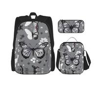 MDATT Mochila Happy Camper con lonchera y estuche de lápices de 3 pulgadas, mochilas Kawaii con bolsa de almuerzo a juego, Mariposa gris y verde azulado, Talla única, Mochilas de día