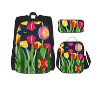 MDATT Mochila Happy Camper con lonchera y estuche para lápices, mochilas Kawaii con bolsa de almuerzo a juego, Colorido patrón de tulipanes, Talla única, Mochilas daypack