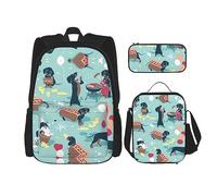 MDATT Mochila hawaiana con diseño de hojas tropicales y flores para niñas, con lonchera y estuche escolar 3 en 1, Perros calientes y limonada, Talla única