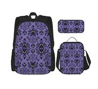 MDATT Mochila hawaiana con diseño de hojas tropicales y flores para niñas, con lonchera y estuche escolar 3 en 1, Patrón de terror sobre fondo púrpura, Talla única