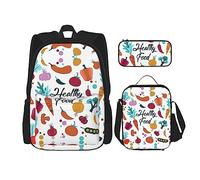 MDATT Mochila hawaiana con diseño de hojas tropicales y flores para niñas, con lonchera y estuche escolar 3 en 1, Alimentos saludables, Talla única