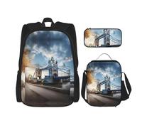 MDATT Mochila histórica del Puente de la Torre Vieja de Londres, mochilas de estudio con lonchera y estuche de lona, bolsa de viaje para estudiantes de primaria, Black, Talla única, Juego de mochila