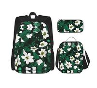 MDATT Mochila Husky Dog con lonchera y estuche de lápices de 3 pulgadas, mochilas Kawaii con bolsa de almuerzo a juego, Patrón de pétalos florales verde cazador, Talla única, Mochilas de día