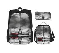 MDATT Mochila Kawaii con fiambrera, juego 3 en 1, estuche para lápices, combo a juego, acuarelas de temporada de hierbas y flores, Coche rojo delante de la Torre Eiffel, Talla única