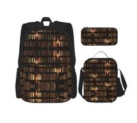 MDATT Mochila Kawaii con fiambrera, juego 3 en 1, estuche para lápices, combo a juego, botellas, cerveza, playa, puesta de sol, Biblioteca de la sala de libros, Talla única