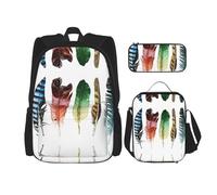 MDATT Mochila Kawaii con fiambrera, juego 3 en 1, estuche para lápices, combo a juego, pigmento, Plumas coloridas dibujadas a mano sobre blanco, Talla única