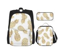 MDATT Mochila Kawaii con fiambrera, juego 3 en 1, estuche para lápices, combo a juego, pintura artística abstracta gris y amarilla, Fondo de piña dorada, Talla única