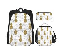 MDATT Mochila Kawaii con fiambrera, juego 3 en 1, estuche para lápices, combo a juego, pintura artística abstracta gris y amarilla, Piñas doradas con purpurina, Talla única