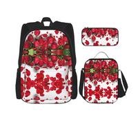 MDATT Mochila Kawaii con lonchera 3 en 1, estuche a juego, acuarelas de temporada de hierbas y flores, Pétalos de rosa roja, Talla única