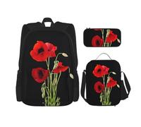 MDATT Mochila Kawaii con lonchera 3 en 1, estuche a juego, acuarelas de temporada de hierbas y flores, rojo con flor, Talla única