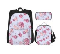 MDATT Mochila Kawaii con lonchera 3 en 1, estuche a juego, acuarelas de temporada de hierbas y flores, Rosas rojas florales, Talla única