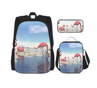 MDATT Mochila Kawaii con lonchera 3 en 1, estuche a juego, colección divertida de estantes para libros y escalera, Bandada de flamencos rosados en la playa, Talla única