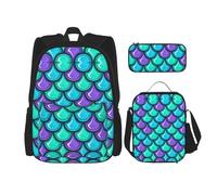 MDATT Mochila Kawaii con lonchera 3 en 1, estuche a juego, diseño de margaritas, Escamas de sirena de peces coloridas, Talla única