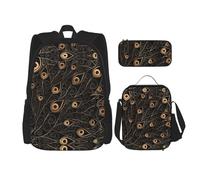 MDATT Mochila Kawaii con lonchera 3 en 1, estuche a juego, diseño floral de loto, Pluma de pavo real dorada, Talla única