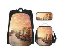 MDATT Mochila Kawaii con lonchera 3 en 1, estuche a juego, patrón de cerveza y cangrejo de río, Hermosa vista al canal de Venecia, Talla única