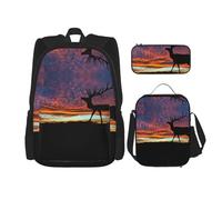 MDATT Mochila Kawaii con lonchera 3 en 1, estuche para lápices a juego, gafas de sol, Red Deer Bull Elk Sunset, Talla única