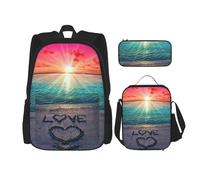 MDATT Mochila Kawaii con lonchera 3 en 1, estuche para lápices a juego, hoja de palma y flamencos, pareja, Love Beach, Talla única