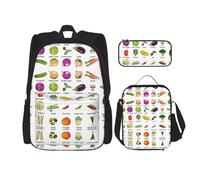 MDATT Mochila Kawaii con lonchera 3 en 1, estuche para lápices a juego, hoja de palma y flamencos, pareja, Introducción de varias verduras, Talla única