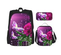 MDATT Mochila Kawaii con lonchera 3 en 1, estuche para lápices a juego, patrón de cerveza y cangrejo de río, Hermosa mariposa morada floral, Talla única
