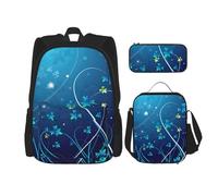 MDATT Mochila Kawaii con lonchera 3 en 1, estuche para lápices, combo a juego, botellas, cerveza, playa, puesta de sol, Mini remolino de flores azules, Talla única