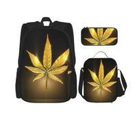 MDATT Mochila Kawaii con lonchera 3 en 1, estuche para lápices, combo a juego, pintura artística abstracta gris y amarilla, Cannabis dorado, Talla única