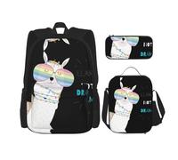 MDATT Mochila Kawaii con lonchera 3 en 1, estuche para lápices, combo a juego, símbolos musicales de amor, Llamas divertidas con gafas de arco iris, Talla única