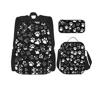 MDATT Mochila ligera láser con lonchera y estuche de lápices de 3 pulgadas, mochilas Kawaii con bolsa de almuerzo a juego, Estampado de patas en blanco y negro, Talla única, Mochilas daypack