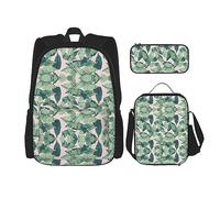 MDATT Mochila romántica de lavanda para niñas, mochilas escolares con lonchera y estuche 3 en 1, juego de bolsas escolares, Verde Palmera Hojas Rosa, Talla única