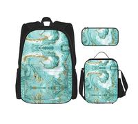 MDATT Mochila romántica de lavanda para niñas, mochilas escolares con lonchera y estuche 3 en 1, juego de bolsas escolares, Mármol Oro Verde, Talla única