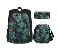 MDATT Mochila romántica de lavanda para niñas, mochilas escolares con lonchera y estuche 3 en 1, juego de bolsas escolares, Suculenta Verde, Talla única