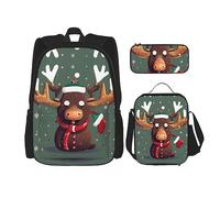 MDATT Mochila verde de libélula con lonchera y estuche de lápices de 3 pulgadas, mochilas Kawaii con bolsa de almuerzo a juego, Divertida cabeza de alce navideño, Talla única, Mochilas de día