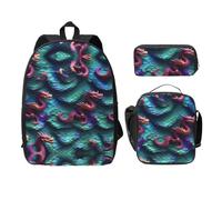 MDATT Mochila versátil con patrón de escamas de dragón mágico 3D con bolsa de almuerzo, estuche para lápices, equipo de viaje ligero para uso diario, Black, Talla única, Organizador de bolsas