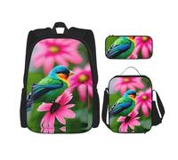 MDATT Mochilas coloridas de flores y pájaros, mochilas de estudio con lonchera, estuche de lona, bolsa de viaje para estudiantes de primaria, Black, Talla única, Juego de mochila escolar