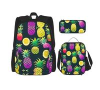 MDATT Mochilas coloridas de frutas y piñas, mochilas de estudio con lonchera, estuche de lona, bolsa de viaje para estudiantes de primaria, Black, Talla única, Juego de mochila escolar