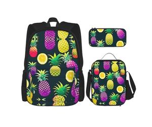 MDATT Mochilas coloridas de frutas y piñas, mochilas de estudio con lonchera, estuche de lona, bolsa de viaje para estudiantes de primaria, Black, Talla única, Juego de mochila escolar