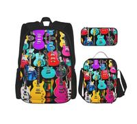 MDATT Mochilas coloridas de guitarras, mochilas de estudio con lonchera, estuche de lona, bolsa de viaje para estudiantes de primaria, Black, Talla única, Juego de mochila escolar