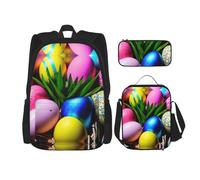 MDATT Mochilas coloridas de huevos de Pascua, mochilas de estudio con lonchera, estuche de lona, bolsa de viaje para estudiantes de primaria, Black, Talla única, Juego de mochila escolar
